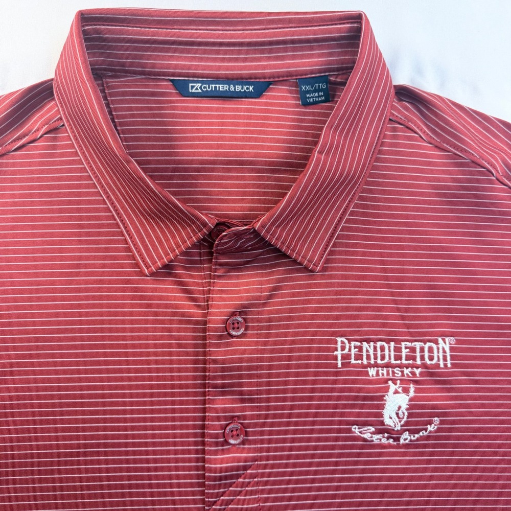 Cutter & Buck Polo Shirt XXL Red White Striped Pendleton Whisky Golf Performance